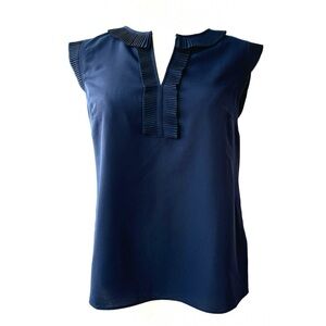 Boden Frilly Navy Blouse Ruffled Pleated Top Sleeveless Shirt V Neck Textured S